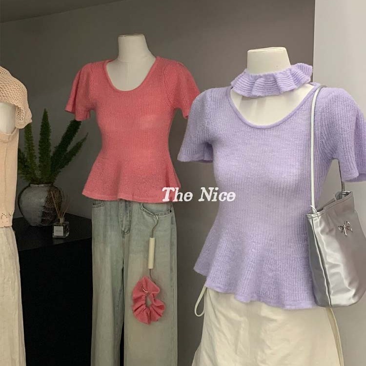 FA37057# 早秋配发圈法式短袖针织衫女气质设计感收腰显瘦上衣 服裝批發女裝批發服飾貨源
