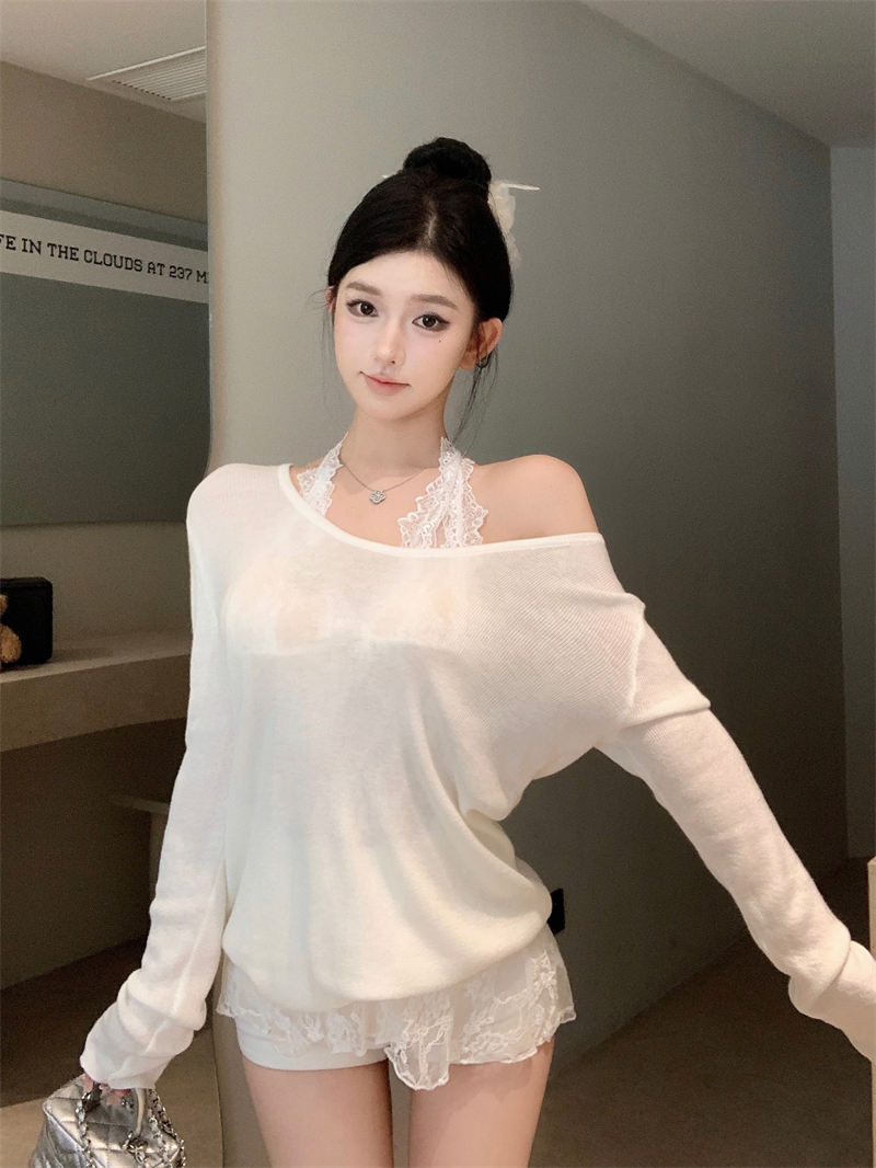 MY1262# 甜美气质两件套挂脖蕾丝打底+宽松休闲针织衫套装女裝貨源服裝批發