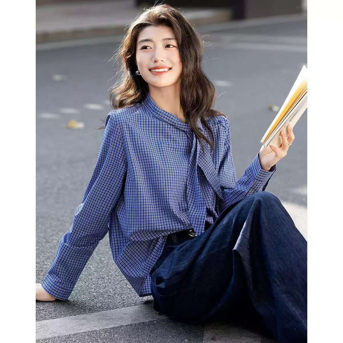 순면 스타일 가을 문예 레트로 체크무늬 셔츠 레이스업 칼라 작은 키 품격 셔츠 여성 의류 맨위