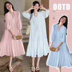 批发新款<b class='q'>夏</b>季温柔风桔梗v领系带显瘦孕妇连衣裙