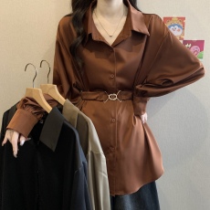 批发欧款收腰遮肚长袖衬衫2025春季新款大码女装胖mm洋气女衬衣上衣