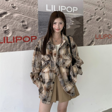 批发实拍大码设计感美式街头晕染格子<b class='q'>衬衫</b>磨毛破洞情侣<b class='q'>长袖</b>外套