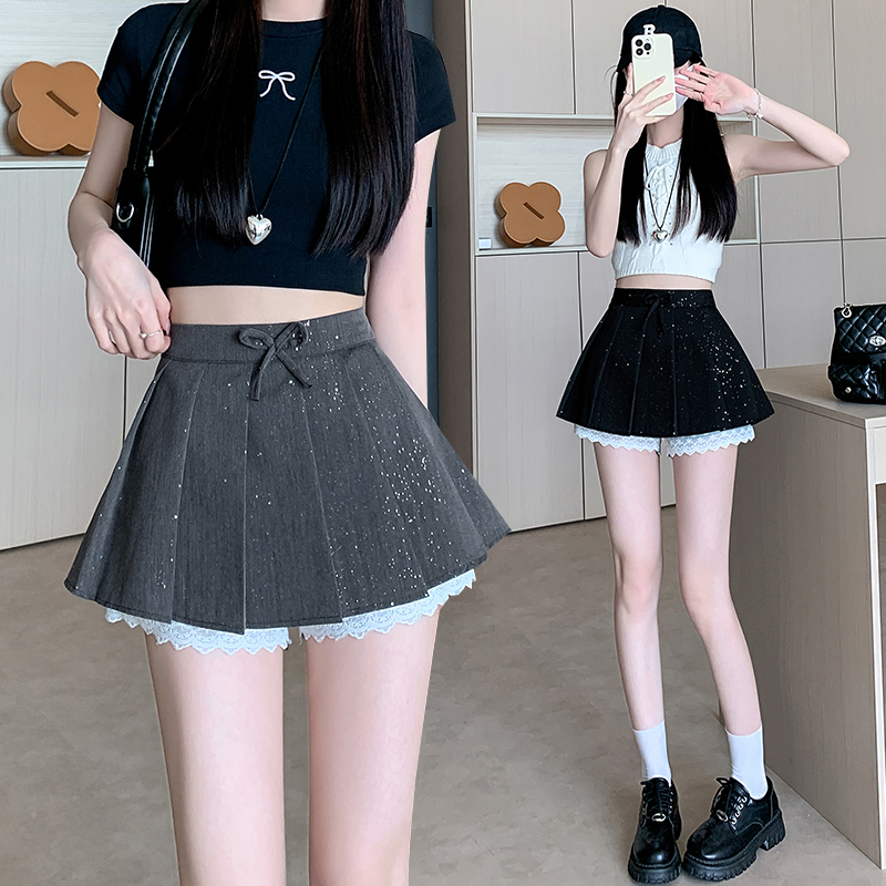 MY890# 亮闪闪蕾丝花边短裙女春夏学院风jk高腰A字百褶裙女裝貨源服裝批發