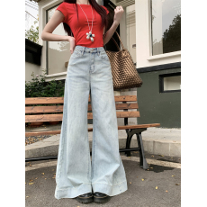 批发实拍 春款新款微喇<b class='q'>牛仔裤</b>女高腰宽松<b class='q'>弹力</b>阔腿垂感直筒裤拖地长裤