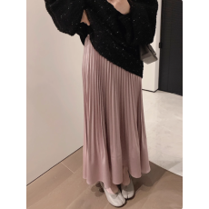 批发misslady自留早春下摆荷叶半身裙百褶缎面中长裙松紧腰醋酸光泽感