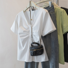 批发实拍<b class='q'>大码</b>女装<b class='q'>韩版</b>流行V领短袖t恤夏胖妹妹宽松显瘦洋气百搭上衣潮