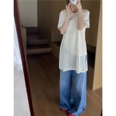 批发实拍 早春镂空休闲针织<b class='q'>马甲</b>叠穿宽松韩版侧开叉中<b class='q'>长款</b>罩衫女