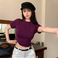 批发实拍 纯棉短款t恤女短袖夏季韩版高级感飞飞袖纯欲辣妹圆领上衣