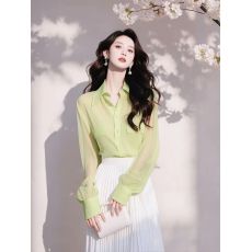 批发有货 2026春秋季新款<b class='q'>韩版</b>绿色雪纺衬衫女法式长袖宽松遮肚衬衣