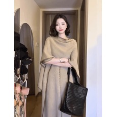 批发实价有货法式高级咖色圆领短袖<b class='q'>连衣裙</b>收腰显瘦a字长裙披肩<b class='q'>两件套</b>