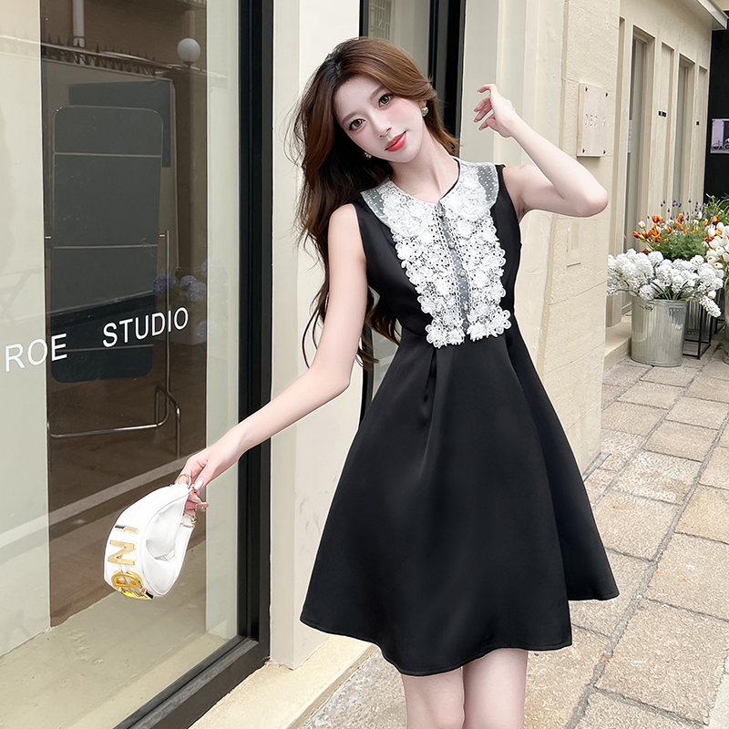 MY5979# 露思同款miu系千金蕾丝娃娃领连衣裙法式无袖小黑裙生日裙女裝貨源服裝批發