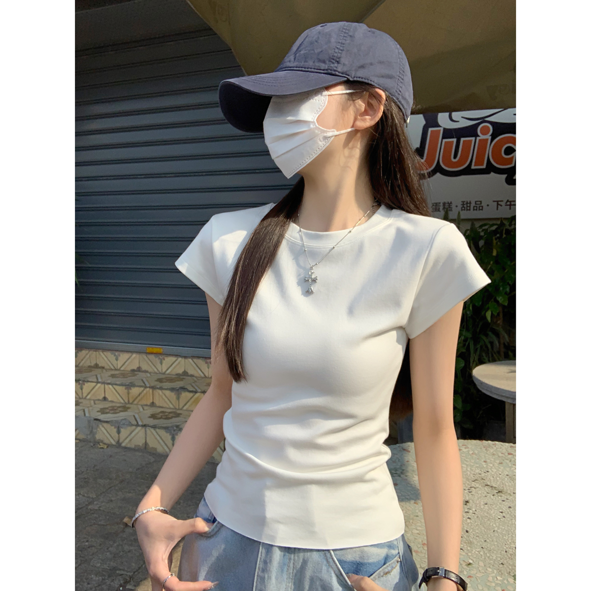 실사 정가 여름 한국 스타일 캐주얼 다용도 라운드 넥 긍정적 인 어깨 단색 미니멀리즘 260g 순면 반팔 티셔츠 맨위