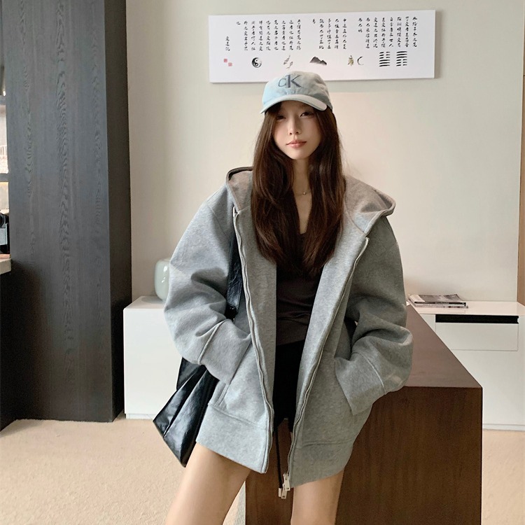 实拍实价~ 大码女装2025春秋新款宽松休闲百搭连帽卫衣开衫外套女
