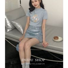 批发天猫抖音质量新中式刺绣半高领短袖T恤女穿搭高级感针织衫毛衣