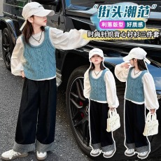 批发女童套装春秋新款<b class='q'>儿童</b>毛衣马甲牛仔裤小女孩大童<b class='q'>衬衫</b><b class='q'>衬衣</b>潮酷甜美