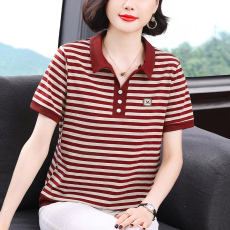 批发2026新款<b class='q'>妈妈装</b>短袖女士T恤简约翻领条纹设计宽松遮肚拼接<b class='q'>上衣</b>