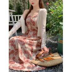 批发实拍 大码女装夏季法式高端复古玫瑰碎花吊带裙胖mm显瘦连衣裙子