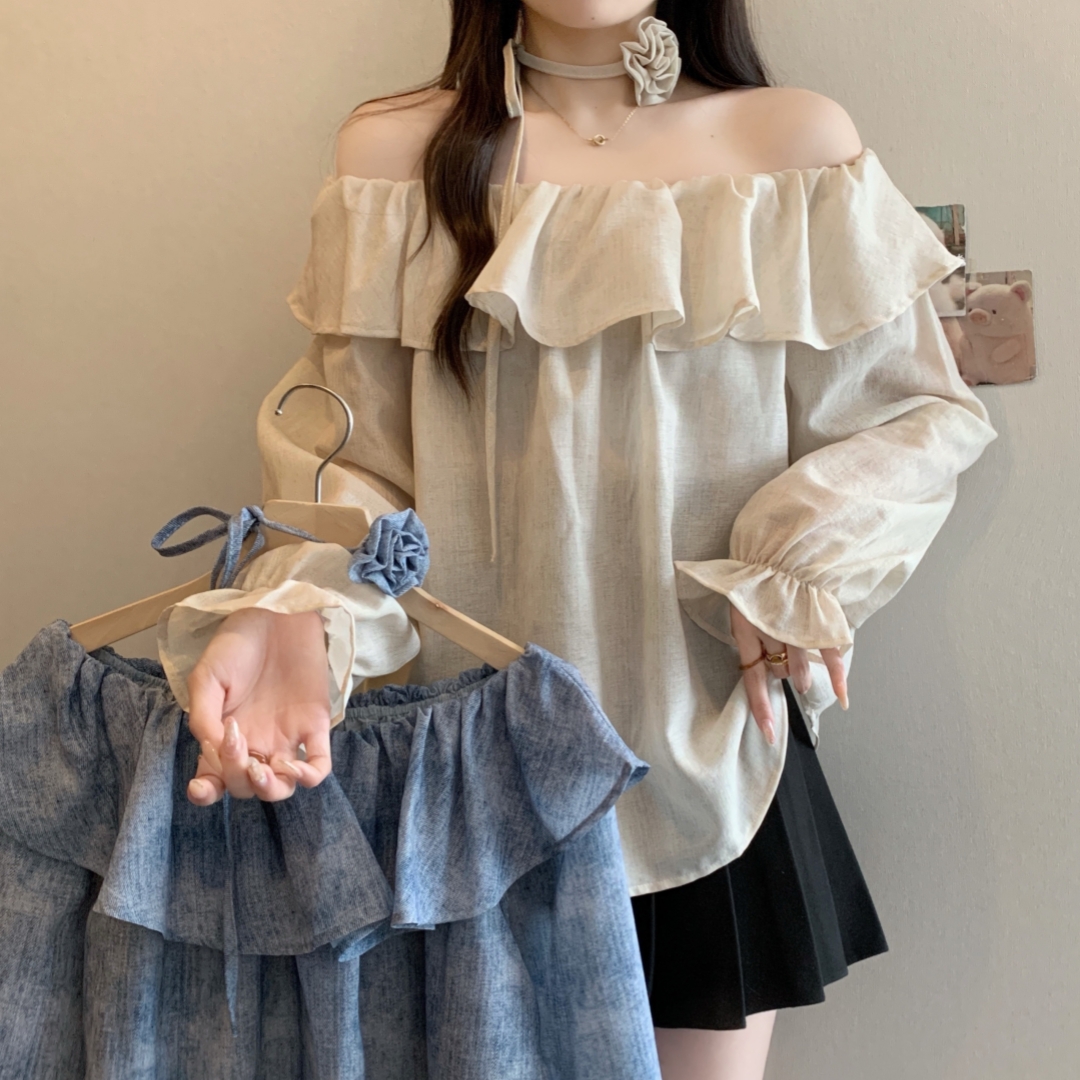 FA35073# 大码女装甜美一字肩荷叶边茶歇气质百搭长袖小衫配小花朵 服裝批發女裝批發服飾貨源
