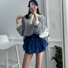 批发现 春新 高腰时尚水洗压褶花苞A摆显瘦牛仔短裤裙