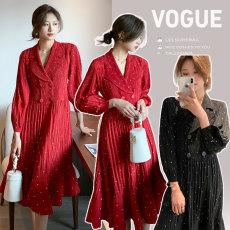 批发实拍 2026春季新款洋气波点时尚连衣裙重工褶皱时尚大翻领长裙