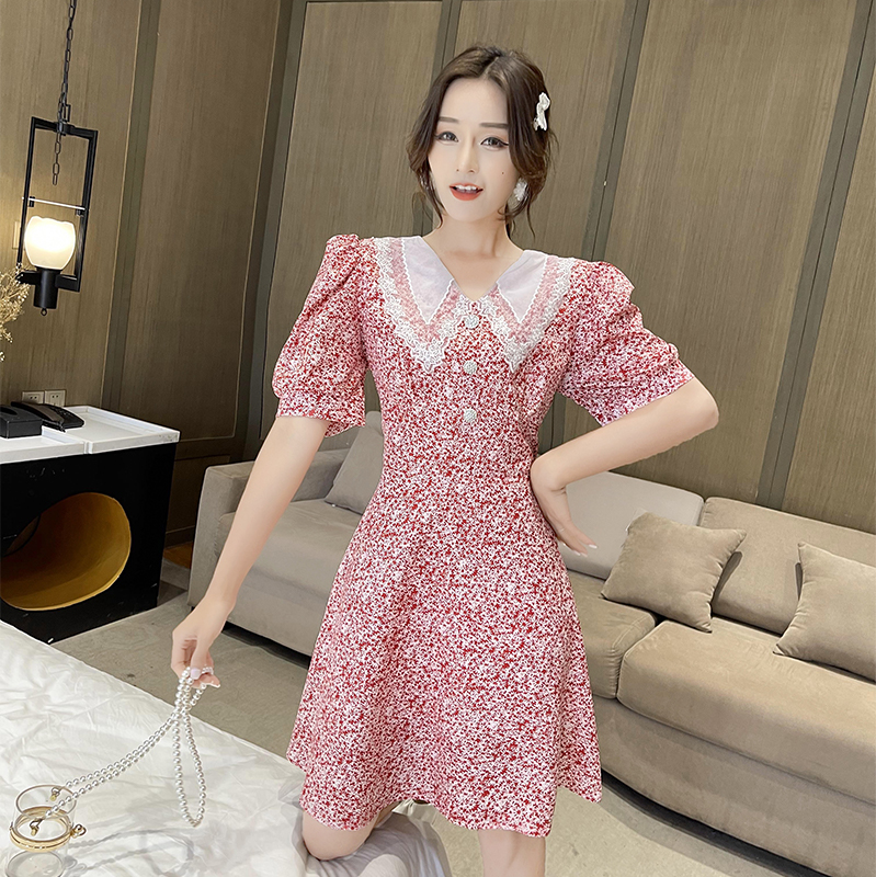 MY3080# 大码女装法式桔梗裙甜美印花大翻领泡泡袖收腰显瘦连衣裙女裝貨源服裝批發