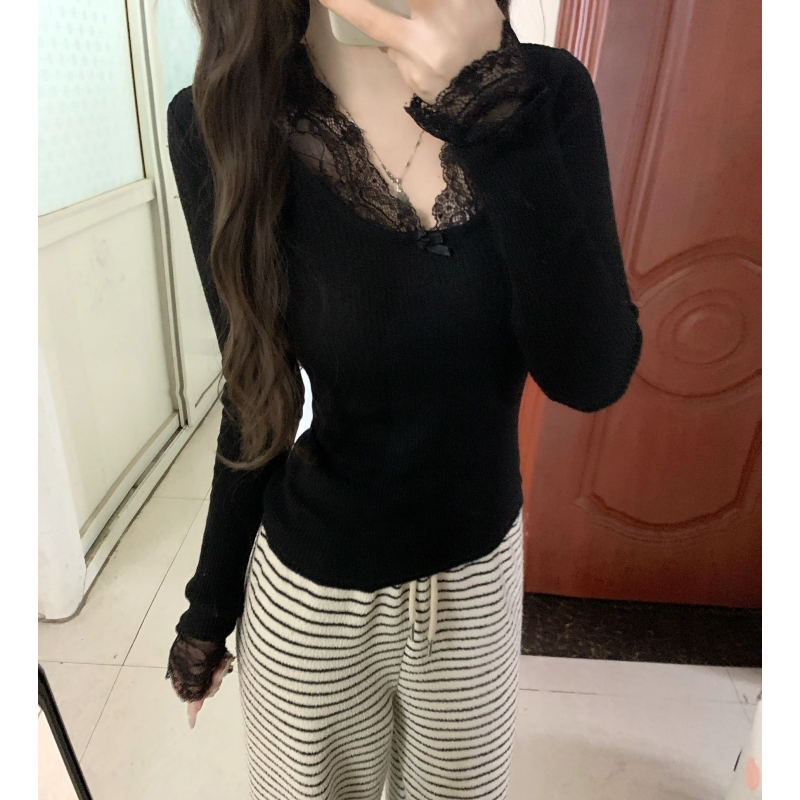 MY765# 高级感黑色蕾丝v领针织衫小香风内搭外穿毛衣修身显瘦上衣女裝貨源服裝批發