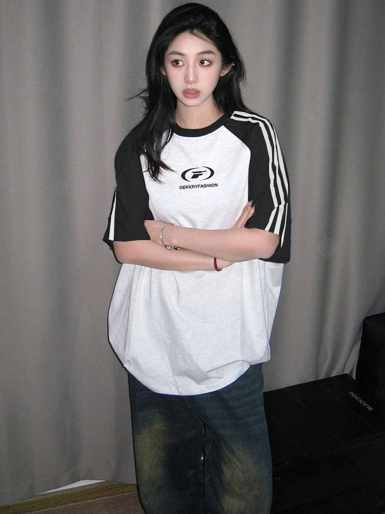 MY760# 精梳紧密印花三条杠宽松拼色牛角袖短袖恤女女裝貨源服裝批發