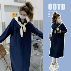 批发2026实拍<b class='q'>孕妇装</b>法式披肩长袖<b class='q'>连衣裙</b>女长款新款韩版宽松休闲衬衣裙