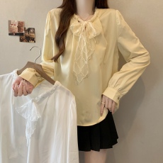 批发实拍大码女装2025春<b class='q'>夏</b>新款时尚简约气质蕾丝系带优雅百搭长袖小衫