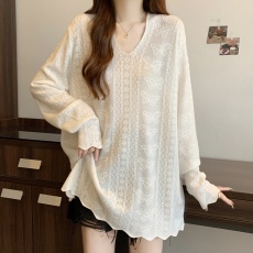 批发实拍 大码女装韩版气质慵懒风V领蝴蝶针织衫宽松遮肉长袖上衣