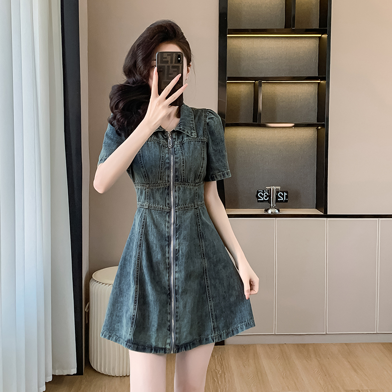 FA34251# 小个子气质显瘦收腰牛仔拉链连衣裙子女夏新款高级感短裙女 服裝批發女裝批發服飾貨源