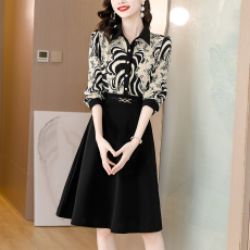 批发时尚洋气印花假两件套大码女装胖mm阔太太妈妈装长袖春<b class='q'>秋</b>季连衣裙