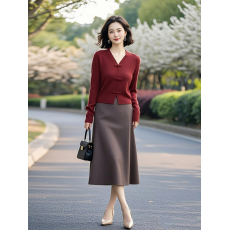 批发早春穿搭一整套重要场合绝美女士气质新中式红色毛衣上衣长裙套装