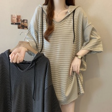 批发条纹连帽短袖T恤女春夏新款大码胖mm宽松遮肚<b class='q'>中长款</b><b class='q'>卫衣</b>休闲上衣