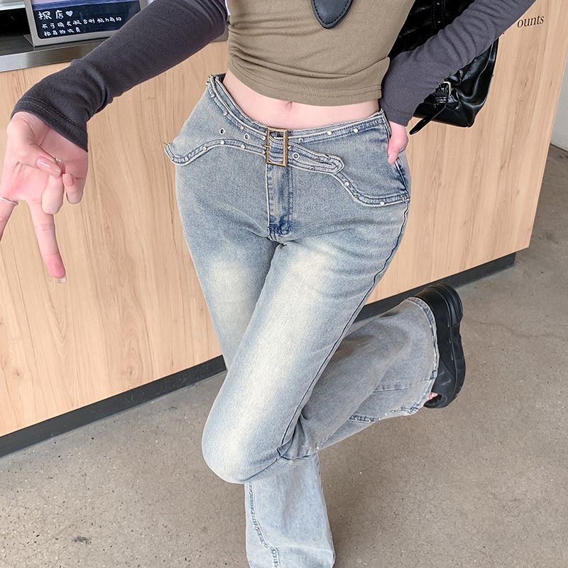 MY639#浅蓝色复古微喇叭牛仔裤女新款设计感修身弹力拖地裤子女裝貨源服裝批發