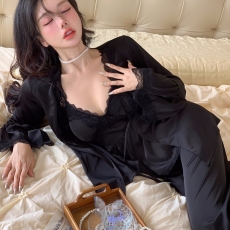 春夏冰丝睡衣女吊带长裤外套开衫性感三件套纯欲蕾丝带胸垫家居服