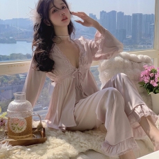 春夏冰丝睡衣女吊带长裤外套开衫性感三件套纯欲蕾丝带胸垫家居服