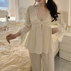 春夏冰丝睡衣女吊带长裤外套开衫性感三件套纯欲蕾丝带胸垫家居服