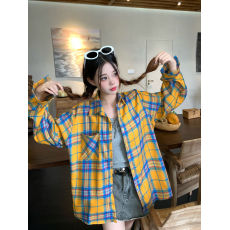 批发黄色<b class='q'>格子</b>长袖<b class='q'>衬衫</b>女外搭薄款宽松潮牌通勤复古小众防晒小外套