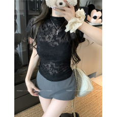 批发实拍实价！设计感提花网纱蕾丝微透T恤短袖修身纯欲百搭上衣