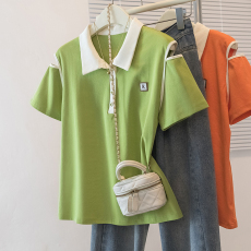 批发实拍<b class='q'>大码</b>女装<b class='q'>韩版</b>翻领流行短袖t恤夏胖妹妹休闲宽松减龄露肩上衣