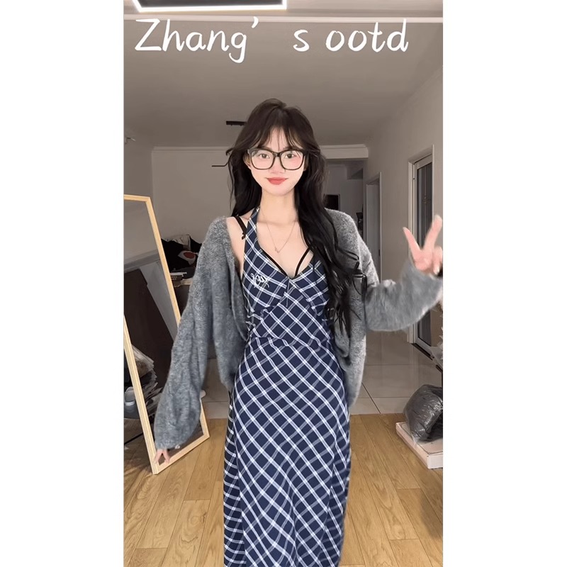 정가 재고 있음 프랑스식 고급 체크무늬 민소매 행침 목 여성 드레스 봄 허리 수축 슬림해 보이는 타이트 스커트 롱 스커트 세트
