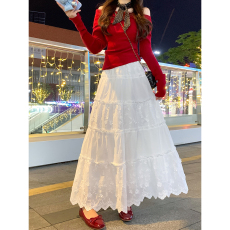 批发实拍韩系蕾丝拼接白色半身裙女2025秋冬气质高腰显瘦法式浪漫长裙