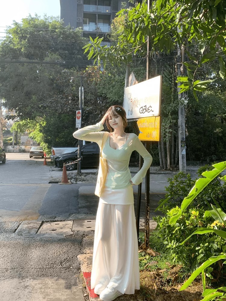 정가 재고 있음 부드러운 부서 달콤한 스타일 망사 패치워크 반신 스커트 여성 봄 디자인 센스 루즈핏 타이트 스커트 길다 치마