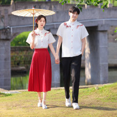 批发实拍新中式情侣装中国风刺绣上衣学生演出朗诵红歌比赛服装