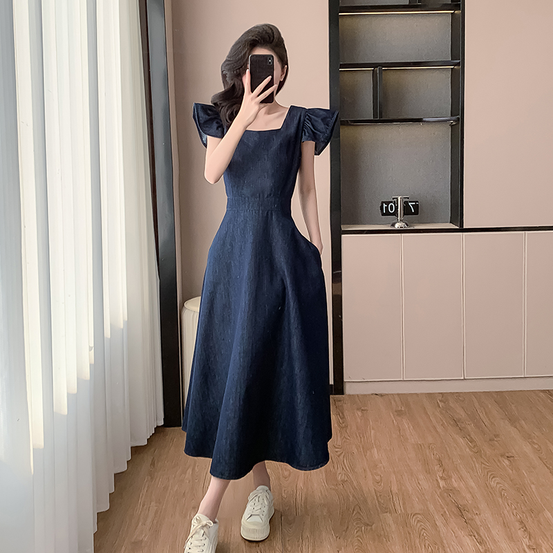 MY5052# 新款连衣裙长裙牛仔显瘦港风飞飞袖无袖法式高腰女裝貨源服裝批發