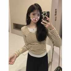 批发打底衫毛衣简约<b class='q'>假两件</b>条纹撞色<b class='q'>针织衫</b>2024年秋冬新款