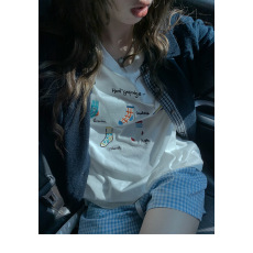 批发小袜子刺绣短袖2025春夏新款韩系小众设计ins风百搭宽松T恤<b class='q'>女</b>