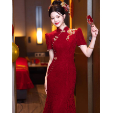 批发旗袍敬酒服中式订婚显瘦<b class='q'>鱼尾</b>裙短袖绣花连衣裙礼服