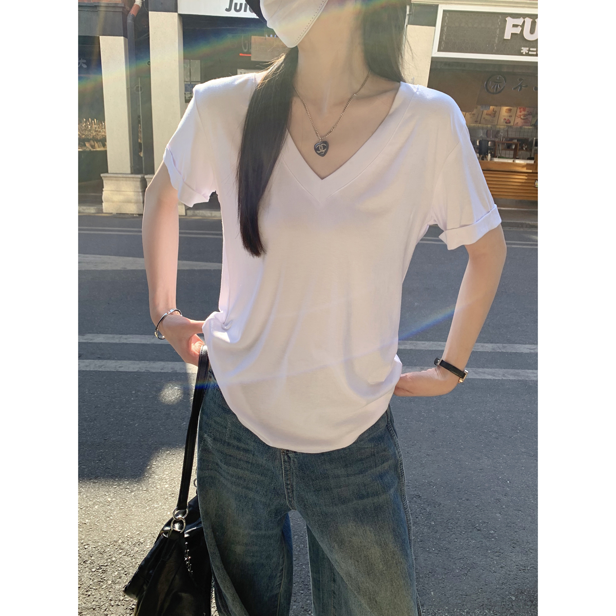 MY8230# 韩版v领宽松慵懒百搭简约莫代尔短袖T恤上衣女女裝貨源服裝批發